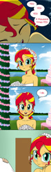 Size: 566x1920 | Tagged: safe, artist:doublewbrothers, edit, sunset shimmer, equestria girls, g4, bare shoulders, bride, clothes, cute, door, dress, looking at you, shimmerbetes, sleeveless, speech bubble, strapless, wedding cake, wedding dress