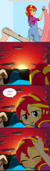 Size: 565x1920 | Tagged: safe, artist:doublewbrothers, edit, sunset shimmer, equestria girls, g4, clothes, cloud, hand on head, i love you, looking at you, overalls, painting, red sky, speech bubble, sunset