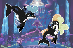 Size: 3360x2216 | Tagged: safe, artist:smilesupsidedown, oc, oc only, hybrid, orca, orca pony, original species, seapony (g4), algae, bubble, coral, crepuscular rays, dorsal fin, duo, fin, fins, fish tail, floppy ears, flowing mane, flowing tail, happy, high res, ocean, open mouth, open smile, seaquestria, seaweed, smiling, swimming, tail, throne, throne room, underwater, water