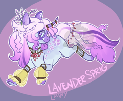 Size: 1100x900 | Tagged: safe, artist:lavvythejackalope, oc, oc only, pony, unicorn, abstract background, base used, colored hooves, curved horn, horn, horn jewelry, jewelry, looking back, smiling, solo, unicorn oc