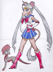 Size: 555x750 | Tagged: safe, artist:barn-flakes, oc, oc only, lizard, unicorn, anthro, barely pony related, boots, clothes, cosplay, costume, crossover, female, gloves, high heel boots, hoers, horn, long gloves, male, pregnant, sailor moon (series), shoes, simple background, skirt, traditional art, unicorn oc, white background