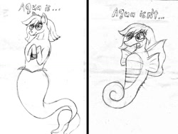 Size: 1176x890 | Tagged: safe, artist:barn-flakes, oc, oc only, oc:aqua, sea pony, seahorse, barely pony related, duo, female, freckles, glasses, lineart, monochrome, open mouth, signature, traditional art