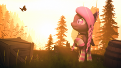 Size: 7680x4320 | Tagged: safe, artist:lagmanor, oc, oc only, oc:wintergleam, bat pony, butterfly, pony, 3d, barrel, bat ears, bat pony oc, bat wings, book, braid, clothes, crate, grass, holding, holding a book, jewelry, looking at something, necklace, pine tree, pink mane, ship, smiling, socks, solo, source filmmaker, striped socks, sunlight, sunset, tree, wings