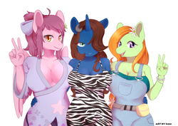 Size: 1200x850 | Tagged: safe, artist:sion, oc, oc only, earth pony, pegasus, unicorn, anthro, big breasts, breasts, clothes, commission, digital art, dress, female, flower, flower in hair, horn, looking at you, one eye closed, open mouth, peace sign, simple background, trio, trio female, white background, wings