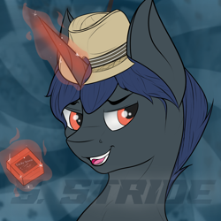 Size: 2000x2000 | Tagged: safe, artist:shade stride, oc, oc only, oc:cerulean cravat, pony, unicorn, bust, hat, high res, magic, magic aura, male, psychopath, simple background, solo, stallion, trilby, watermark