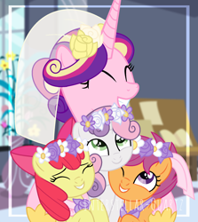 Size: 1504x1688 | Tagged: safe, artist:interstellar-quartz, apple bloom, princess cadance, scootaloo, sweetie belle, alicorn, earth pony, pegasus, pony, unicorn, g4, clothes, cutie mark crusaders, dress, female, filly, flower filly, group hug, hug, wedding dress