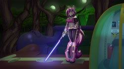 Size: 4000x2250 | Tagged: safe, artist:pentoolqueen, oc, oc only, oc:lovelight, unicorn, anthro, unguligrade anthro, anthro oc, armor, belly button, belt, blaster, boots, bracelet, clothes, cockpit, crossover, cuffs, evil eyes, eyes in the dark, female, forest, forest background, fuzzy handcuffs, grey fur, grin, gun, hand on hip, high res, horn, jacket, jewelry, lightsaber, looking at you, medal, midriff, moon, night, ominous, pants, picture-in-picture, pink hair, pose, purple eyes, purple hair, shoes, smiling, smiling at you, solo, spaceship, sports bra, standing, star wars, swamp, sword, tank top, temple, unicorn oc, vehicle, vine, wall of tags, weapon