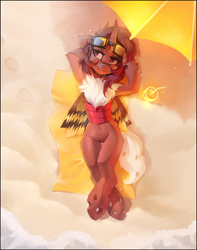 Size: 2734x3463 | Tagged: safe, artist:ramiras, oc, oc only, oc:flechette, changeling, moth, mothling, original species, beach, female, glass, high res, lying down, on back, red changeling, straw, umbrella