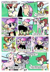 Size: 2100x3000 | Tagged: safe, artist:loryska, oc, oc:clarabelle, oc:conundrum solar flare, oc:niko, oc:plumeria, earth pony, hybrid, pony, zony, comic:friendship grows, amputee, high res, offspring, one winged pegasus, parent:derpy hooves, parent:doctor whooves, parent:quibble pants, parent:rainbow dash, parents:doctorderpy, parents:quibbledash, plane