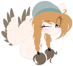 Size: 2294x2070 | Tagged: safe, artist:mediasmile666, oc, oc only, pegasus, pony, blushing, bust, female, hat, high res, mare, one eye closed, simple background, solo, spread wings, transparent background, wings, wink