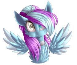 Size: 2680x2238 | Tagged: safe, artist:mediasmile666, oc, oc only, pegasus, pony, bust, choker, female, high res, mare, ponytail, simple background, solo, spread wings, transparent background, wings