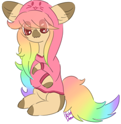 Size: 1648x1684 | Tagged: safe, artist:pasteldraws, earth pony, pony, clothes, cute, hoodie, multicolored hair, rainbow hair, redesign, simple background, sitting, solo, transparent background