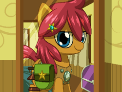 Size: 800x600 | Tagged: safe, artist:rangelost, oc, oc only, oc:trailblazer, earth pony, pony, cyoa:d20 pony, armor, bag, chest, female, hairpin, indoors, lantern, lidded eyes, looking at you, mare, pixel art, saddle bag, standing