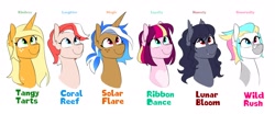 Size: 2446x1018 | Tagged: safe, artist:redxbacon, oc, oc only, oc:coral reef, oc:lunar bloom, oc:ribbon dance, oc:solar flare(redxbacon), oc:tangy tarts, oc:wild rush, pony, alternate mane six, bandaid, bandaid on nose, body freckles, bust, colored muzzle, cute, cute little fangs, cyan eyes, ear fluff, ear tufts, fangs, freckles, gradient mane, green eyes, heterochromia, looking up, magenta eyes, not applejack, pale belly, ponytail, portrait, red eyes, simple background, smiling, teal eyes, white background