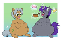 Size: 1280x857 | Tagged: safe, artist:duragan, oc, oc:doc wagon, oc:switchblade, earth pony, pony, unicorn, belly, belly squish, bhm, big belly, bottom heavy, cake, concerned, digital art, duo, eating, eyes closed, fat, female, food, fork, glasses, happy, herbivore, hooves on belly, levitation, magic, magic aura, male, obese, open mouth, squishy, story included, telekinesis, tongue out, weight gain