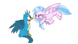 Size: 1920x1080 | Tagged: safe, artist:rozyfly10, gallus, silverstream, griffon, hippogriff, g4, bedroom eyes, blushing, cute, duo, female, looking at each other, male, ship:gallstream, shipping, simple background, smiling, smug, straight, white background
