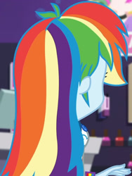 Size: 1920x2560 | Tagged: safe, screencap, rainbow dash, dashing through the mall, equestria girls, equestria girls specials, g4, my little pony equestria girls: better together, my little pony equestria girls: holidays unwrapped, breasts, clothes, cropped, cutie mark, cutie mark on clothes, faceless female, female, geode of super speed, hoodie, jewelry, magical geodes, necklace, offscreen character, solo