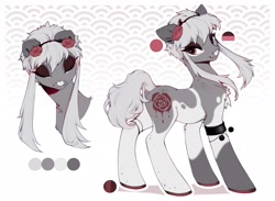Size: 2195x1606 | Tagged: safe, artist:rrusha, oc, oc only, oc:marleen, earth pony, pony, chest fluff, earth pony oc, eyes closed, facial markings, female, heart mark, looking at you, looking back, mare, markings, reference sheet, solo, standing