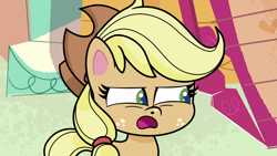 Size: 1280x720 | Tagged: safe, screencap, applejack, earth pony, pony, g4.5, how applejack got her hat back, my little pony: pony life, applejack's hat, cowboy hat, female, hat, open mouth, solo, suspicious