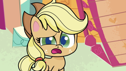 Size: 1280x720 | Tagged: safe, screencap, applejack, earth pony, pony, g4.5, how applejack got her hat back, my little pony: pony life, applejack's hat, breaking the fourth wall, cowboy hat, cute, female, hat, jackabetes, looking at you, open mouth, solo, sugarcube corner