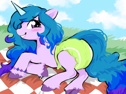 Size: 1280x960 | Tagged: safe, artist:onc3l3rphobix, izzy moonbow, pony, unicorn, g5, blushing, bracelet, cloud, diaper, diaper fetish, female, fetish, grass, hoof fluff, jewelry, looking at you, mare, non-baby in diaper, poofy diaper, sky, smiling, solo, that pony sure does love tennis balls, unshorn fetlocks