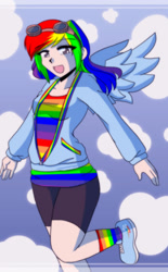 Size: 930x1500 | Tagged: safe, artist:dawnrie, rainbow dash, human, g4, clothes, colored pupils, cosplay, costume, female, goggles, not rainbow dash, open mouth, rainbow socks, socks, solo, striped socks, sweatshirt, wings