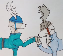 Size: 2226x1974 | Tagged: safe, artist:agdapl, deer, moose, antlers, clothes, crossover, deerified, duo, helmet, hoof kissing, male, raised hoof, signature, soldier, soldier (tf2), species swap, team fortress 2, traditional art