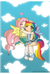 Size: 677x1000 | Tagged: safe, artist:dawnrie, fluttershy, rainbow dash, human, g4, chibi, clothes, cloud, converse, eared humanization, eye clipping through hair, eyes closed, female, fingerless gloves, floating heart, gloves, hand on head, heart, hug, humanized, lesbian, on a cloud, one eye closed, sandals, ship:flutterdash, shipping, shoes, sitting, sitting on a cloud, sky background, socks, winged humanization, wings