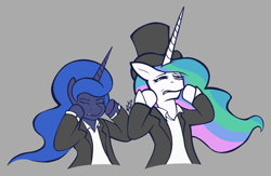 Size: 1500x979 | Tagged: safe, artist:firstletterj, princess celestia, princess luna, alicorn, pony, g4, clothes, formal wear, hat, it's always sunny in philadelphia, shirt, top hat