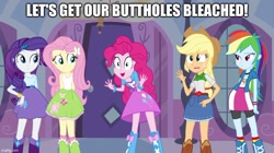 Size: 888x499 | Tagged: safe, edit, edited screencap, editor:applejackfan204, screencap, applejack, fluttershy, pinkie pie, rainbow dash, rarity, equestria girls, g4, my little pony equestria girls, caption, clothes, female, humane five, image macro, text