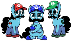Size: 668x386 | Tagged: safe, artist:vgc2001, idw, crystal pony, pony, friends forever #4, g4, my little pony: friends forever, spoiler:comic, cap, crossed arms, derp, hat, luigi, luigi's hat, male, mario, mario's hat, mushroom, pipe (plumbing), ponified, smg4, stallion, super mario bros., super mushroom, trio
