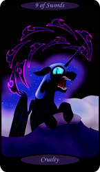 Size: 1500x2591 | Tagged: safe, artist:sixes&sevens, part of a set, nightmare moon, tantabus, alicorn, pony, g4, angry, bed, female, glowing eyes, glowing mane, minor arcana, nine of swords, open mouth, pillow, sitting up, solo, tarot card