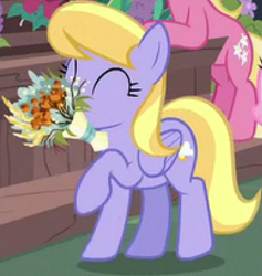 Size: 581x613 | Tagged: safe, screencap, cloud kicker, lily, lily valley, earth pony, pegasus, pony, g4, it isn't the mane thing about you, my little pony: friendship is magic, background pony, bouquet, cropped, female, flower, low quality, mare, mouth hold