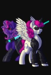 Size: 717x1053 | Tagged: safe, artist:ram, oc, oc only, oc:flash hope, oc:gallant fop, alicorn, pegasus, pony, unicorn, clothes, cyberpunk, female, jacket, kucykon, mare, mascot, sunglasses