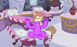 Size: 1280x793 | Tagged: safe, artist:indenial394, oc, oc:maverickflow, crossed legs, latex, latex suit, massage table, meditating, meditation, peace suit, peace symbol, pillow, ponyville spa, rubber, rubber suit, spa, towel
