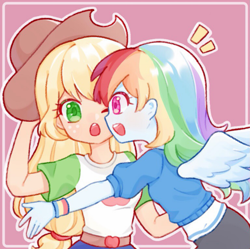 Size: 1079x1075 | Tagged: safe, artist:草莓三色团, applejack, rainbow dash, equestria girls, g4, my little pony equestria girls: better together, blushing, clothes, cute, dashabetes, female, hat, jackabetes, lesbian, ship:appledash, shipping, smiling, wings