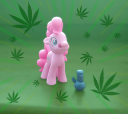 Size: 3120x2785 | Tagged: safe, artist:assertiveshypony, pinkie pie, earth pony, pony, g4, 420, bong, drugs, edited photo, figurine, high, high res, licking, licking lips, marijuana, photo, red eyes, solo, stoned, tongue out