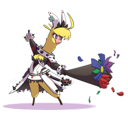 Size: 1413x1245 | Tagged: safe, artist:hitsuji, paprika (tfh), alpaca, them's fightin' herds, bouquet, clothes, community related, cosplay, costume, dress, elphelt valentine, flower, guilty gear, petals, simple background, solo, transparent background