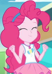 Size: 1920x2691 | Tagged: safe, screencap, pinkie pie, equestria girls, equestria girls specials, g4, my little pony equestria girls: better together, my little pony equestria girls: rollercoaster of friendship, ^^, clothes, cropped, cute, diapinkes, equestria land, eyes closed, female, geode of sugar bombs, jewelry, magical geodes, necklace, rah rah skirt, skirt, smiling, solo, tank top