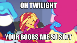 Size: 800x450 | Tagged: safe, edit, edited screencap, screencap, pinkie pie, rainbow dash, sunset shimmer, equestria girls, g4, my little pony equestria girls: better together, wake up!, caption, image macro, implied lesbian, implied sci-twi, implied scitwishimmer, implied shipping, text