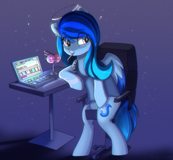 Size: 1400x1300 | Tagged: safe, artist:freak-side, oc, oc only, pegasus, pony, chair, commission, computer, food, ice cream, laptop computer, solo, ych result