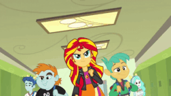 Size: 852x480 | Tagged: safe, edit, edited screencap, screencap, curly winds, drama letter, heath burns, paisley, snails, snips, some blue guy, sunset shimmer, watermelody, equestria girls, g4, my little pony equestria girls, animated, gif, hallway, it's coming right at us, male, slowed down, walking