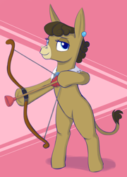 Size: 2112x2932 | Tagged: safe, artist:heretichesh, matilda, donkey, g4, archery, arrow, bipedal, cowl, ear piercing, earring, female, high res, jewelry, looking at you, mare, piercing, plunger, rearing, smiling, solo, standing, standing on two hooves