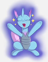 Size: 2332x3000 | Tagged: safe, artist:heretichesh, oc, oc only, oc:anisoptera, changedling, changeling, blushing, cute, female, frog (hoof), happy, high res, not ocellus, open mouth, sitting, solo, sparkles, underhoof