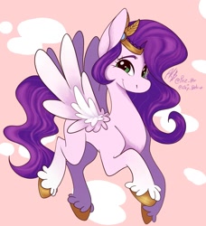 Size: 1529x1676 | Tagged: safe, artist:elcy_bellcup, pipp petals, pegasus, pony, g5, abstract background, adorapipp, cute, female, hoof fluff, looking at you, mare, raised hoof, signature, smiling, solo, spread wings, unshorn fetlocks, wings