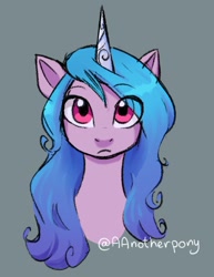 Size: 1244x1611 | Tagged: safe, artist:aanotherpony, izzy moonbow, pony, unicorn, g5, bust, eye clipping through hair, female, gray background, looking at you, mare, portrait, signature, simple background, solo