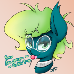 Size: 527x527 | Tagged: safe, artist:zyncrus, oc, oc only, oc:sherbet dip, bat pony, pony, bat pony oc, bedroom eyes, bust, candy, collar, ear fluff, eye clipping through hair, eyebrows, eyebrows visible through hair, fangs, femboy, food, futhark, glasses, gradient background, green coat, green eyes, green mane, licking, lollipop, looking at you, male, signature, simple background, solo, tongue out, wingding eyes