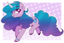 Size: 1708x1171 | Tagged: safe, artist:vivian reed, izzy moonbow, pony, unicorn, g5, abstract background, bracelet, cute, female, heart, izzybetes, jewelry, looking at you, mare, raised hoof, solo, unshorn fetlocks
