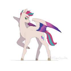 Size: 1301x1301 | Tagged: safe, artist:superduperath, zipp storm, pegasus, pony, g5, colored wings, female, mare, multicolored wings, raised hoof, simple background, solo, spread wings, unshorn fetlocks, white background, wings