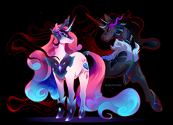 Size: 4063x2944 | Tagged: safe, artist:burgerpaws, king sombra, princess amore, pony, unicorn, g4, black background, colored pupils, commission, corrupted, crown, empress, evil, evil smile, female, flowing mane, flowing tail, glowing eyes, grin, hoof shoes, horn, jewelry, male, regalia, simple background, smiling, sombra eyes, sparkles